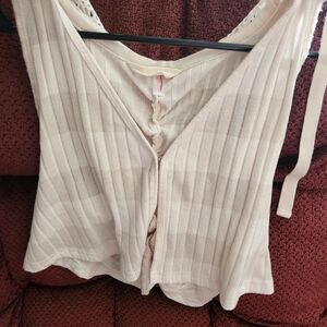 Cream Ribbed Tank Top with Tie Front